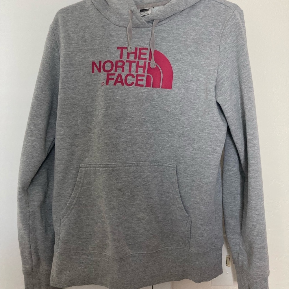 The North Face Woman’s Gray Hoodie with Pink Logo – Size Small- EUC